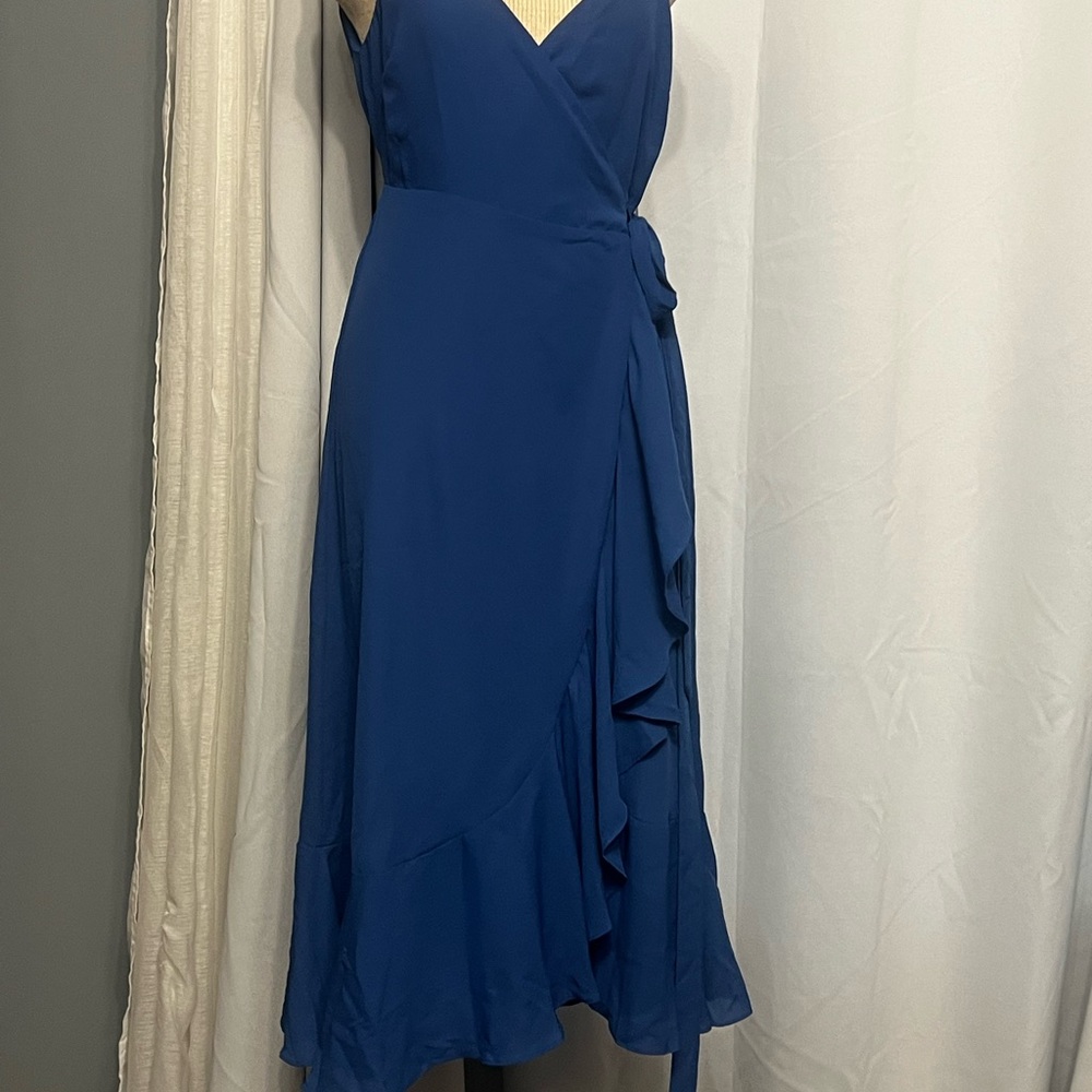 Lulus Manhattan Moment Ruffled Midi Wrap Dress Size S Blue Straps Sleeveless nwt - Picture 4 of 14